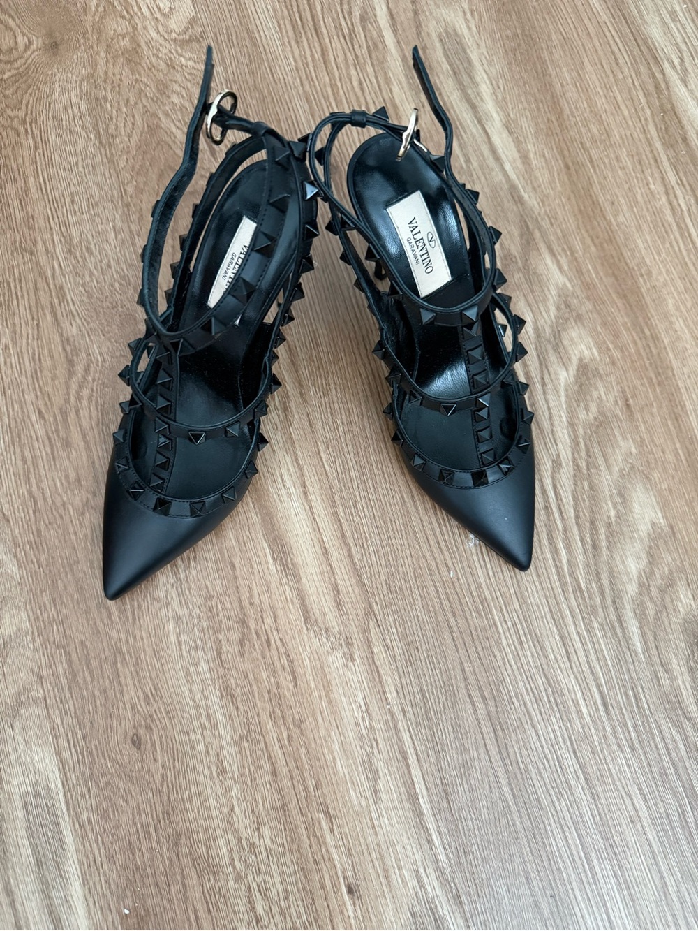 Valentino Black Pointed Rockstud Slingback Heels